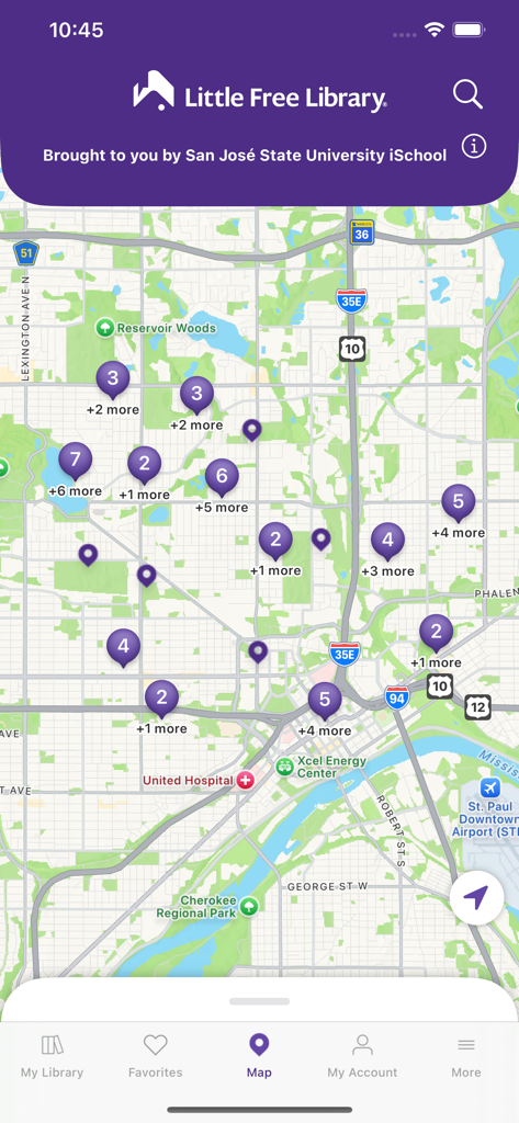 Little Free Library - Vue de la carte de l'application Little Free Library montrant les lieux de partage de livres à proximité avec des épingles violettes