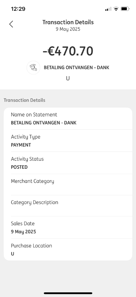 ING Commercial Card - A screenshot of the transaction details page in the ING Commercial Card app displaying a payment of 470.70 euros.