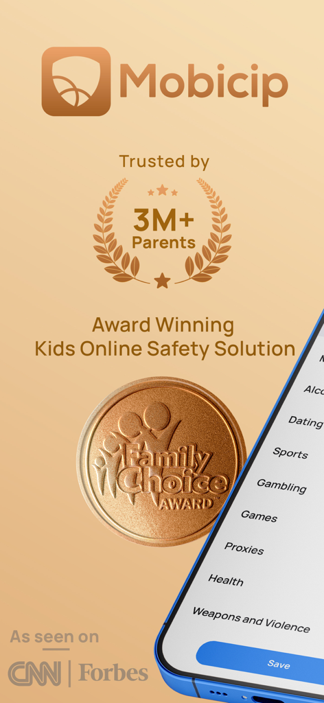 Captura de pantalla de la aplicación de control parental Mobicip mostrando su premio Family Choice Award y la confianza de más de 3 millones de padres