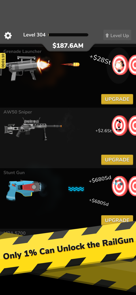 射撃場にいるグレネードランチャーとスナイパーライフルのGun Idleのゲームプレイ。アップグレードボタンが表示されている。