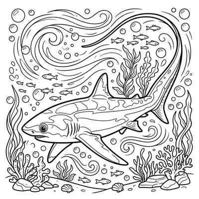 Unleash your creativity with this magnificent Thresher Shark coloring page. Explore the beauty of its distinctive long tail and a lively underwater world, perfect for all marine life enthusiasts.