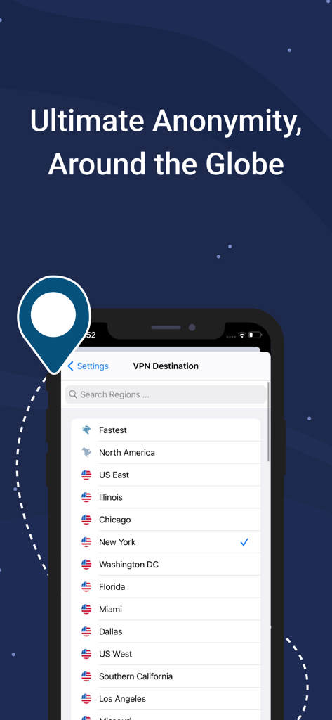 Private Browser: Web Browser - Smartphone-Bildschirm mit einer Liste globaler VPN-Serverstandorte im Ghost Private Browser.