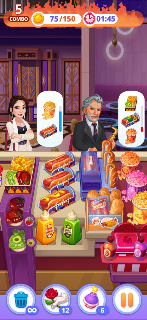 Royal Cooking - Royal Cooking Gameplay, das einen Koch zeigt, der Hot Dogs und Popcorn an Kunden an einem Kinostand serviert.