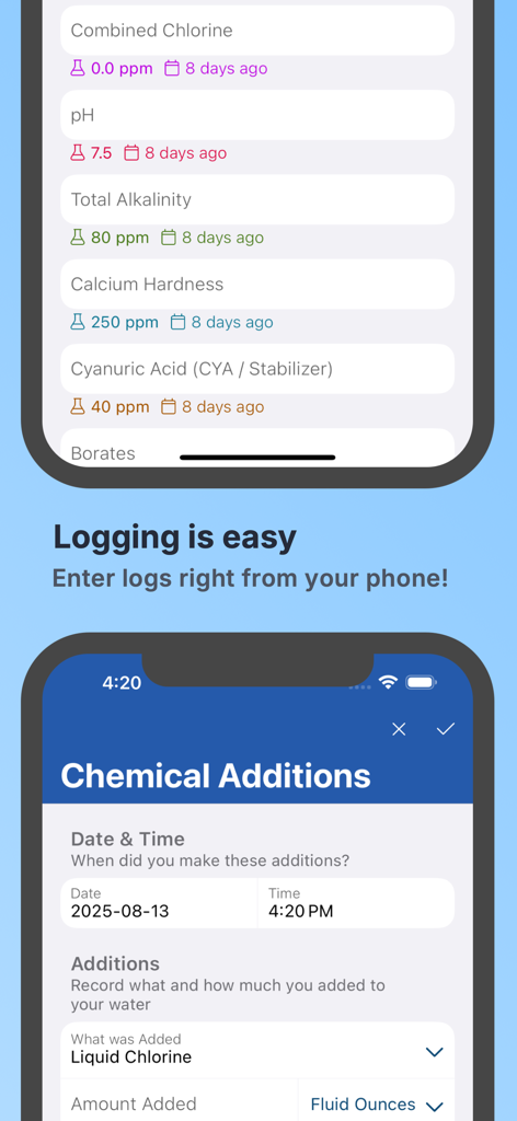 Pool Math by TroubleFreePool - Interface of the Pool Math app showing pool chemistry levels and a form for logging chemical additions.