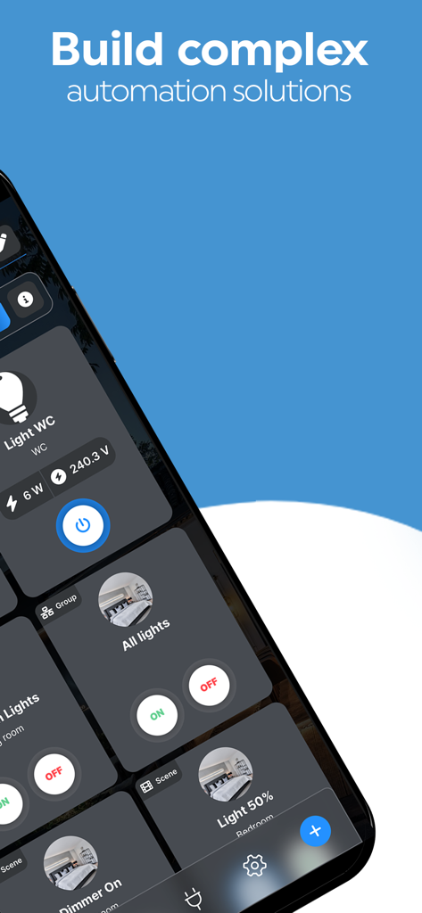 Shelly Smart Control App-Oberfläche mit Automatisierungsszenen für das Zuhause und Echtzeit-Energieüberwachung von Geräten