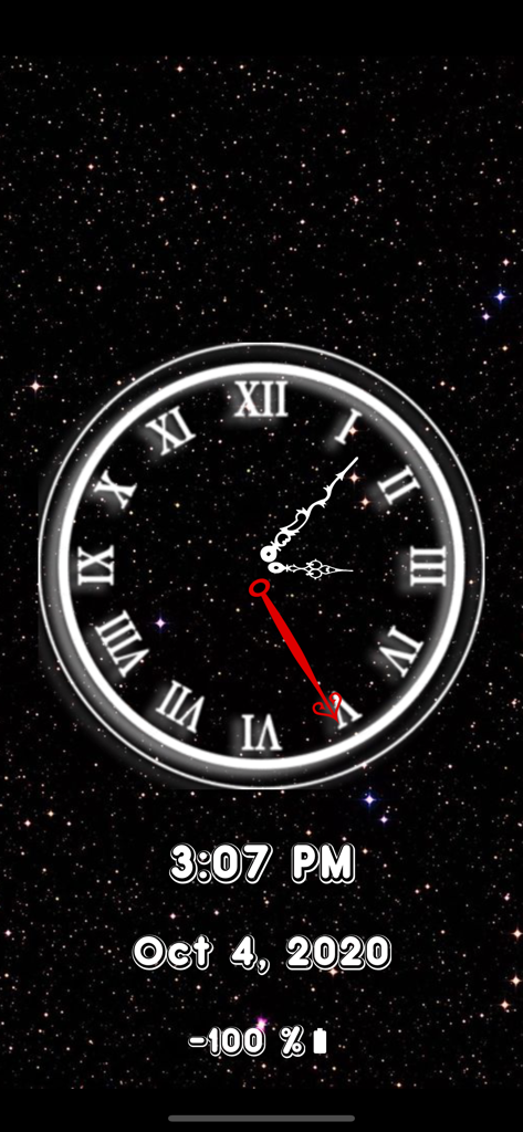 Loud Alarm Clock: Wake up Call - Esfera de reloj analógica con números romanos sobre un fondo de cielo nocturno estrellado mostrando la hora, la fecha y la batería