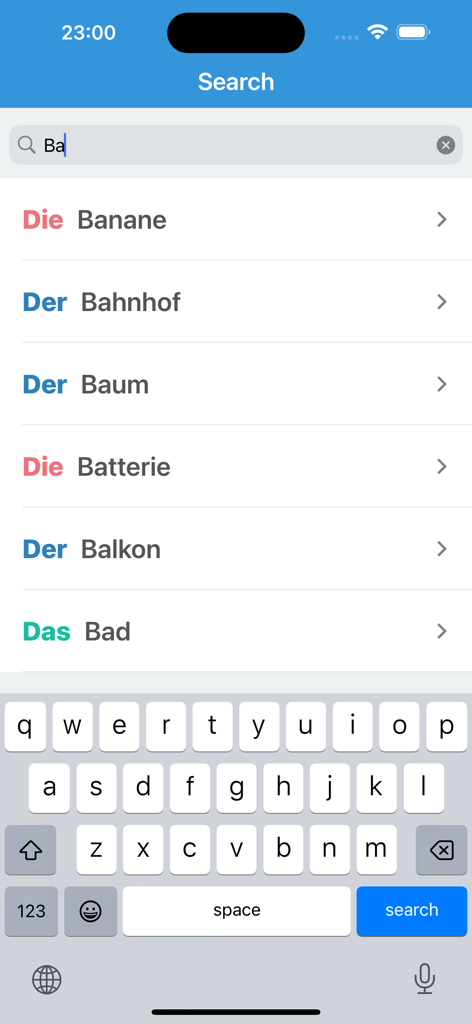 Interfaz de búsqueda que muestra sustantivos alemanes con artículos codificados por colores der die y das