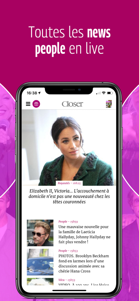 Closer – Actu et exclus People - Interfaz móvil de la aplicación Closer que muestra un feed de noticias de celebridades con un artículo sobre Meghan Markle.