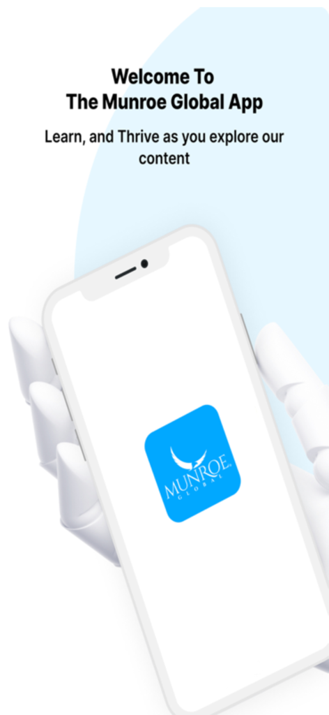 Munroe Global Media - Welcome screen of the Munroe Global Media app showing the official logo and a message to learn and thrive.