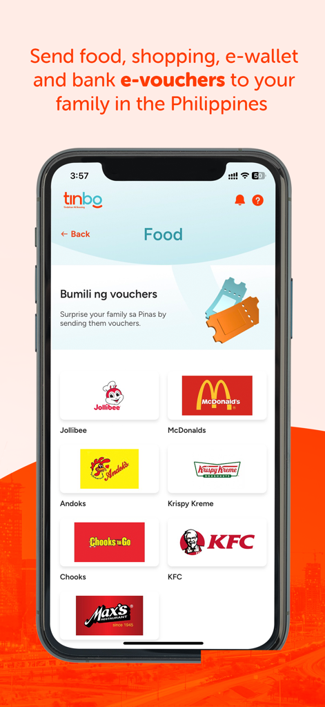 TinBo (Tindahan ni Bossing) - TinBo app interface for sending food e-vouchers to family in the Philippines featuring brands like Jollibee and McDonalds