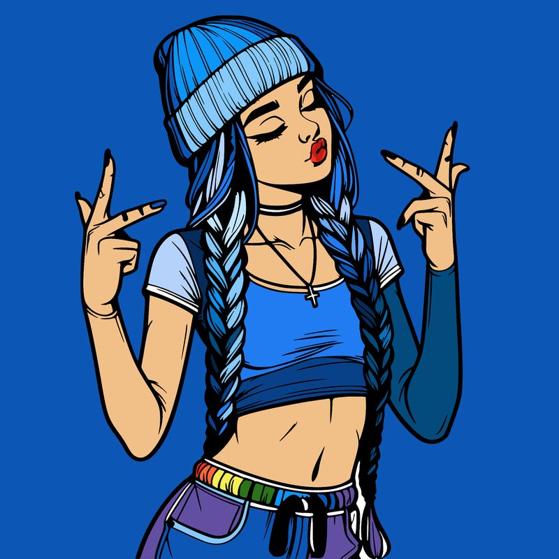 realistic teenage girl with braids and a beanie and crop top doing 🫶🏼