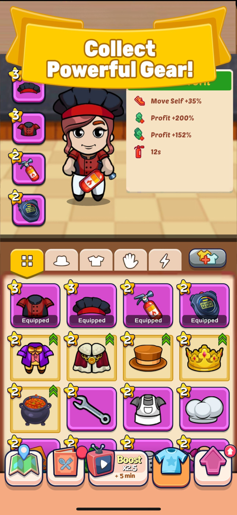 Adventure Chef - Adventure Chef mobile game character gear inventory and upgrade screen