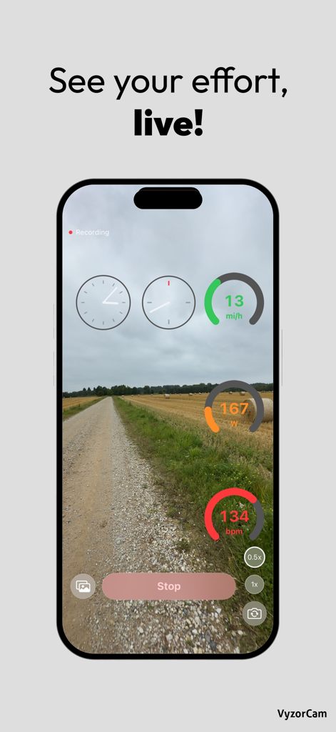 VyzorCam - VyzorCam app screen showing live video recording of a cycling path with real-time speed, power, and heart rate telemetry overlays