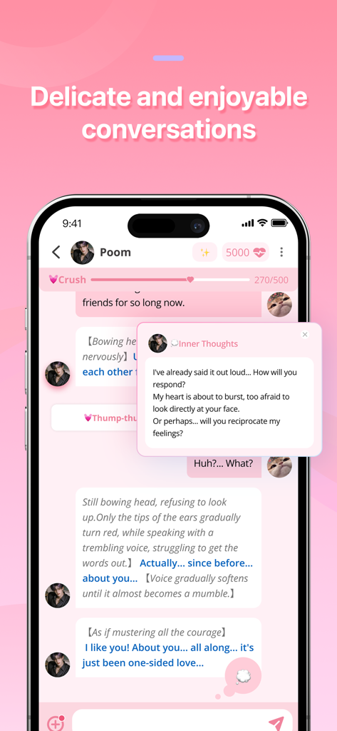Mobilbildschirm der Dokichat-App, der eine romantische KI-Chatsitzung mit inneren Gedanken des Charakters und Rollenspiel-Dialogen zeigt