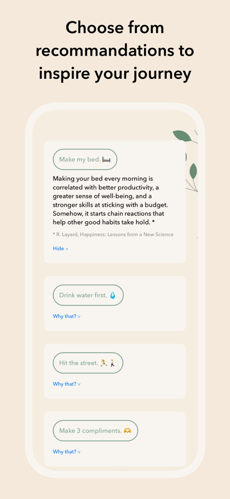 Eden: Daily Self Care Routine - ユーザーのウェルネスジャーニーを刺激するための推奨される毎日の習慣のリストを表示するEdenアプリのインターフェース。