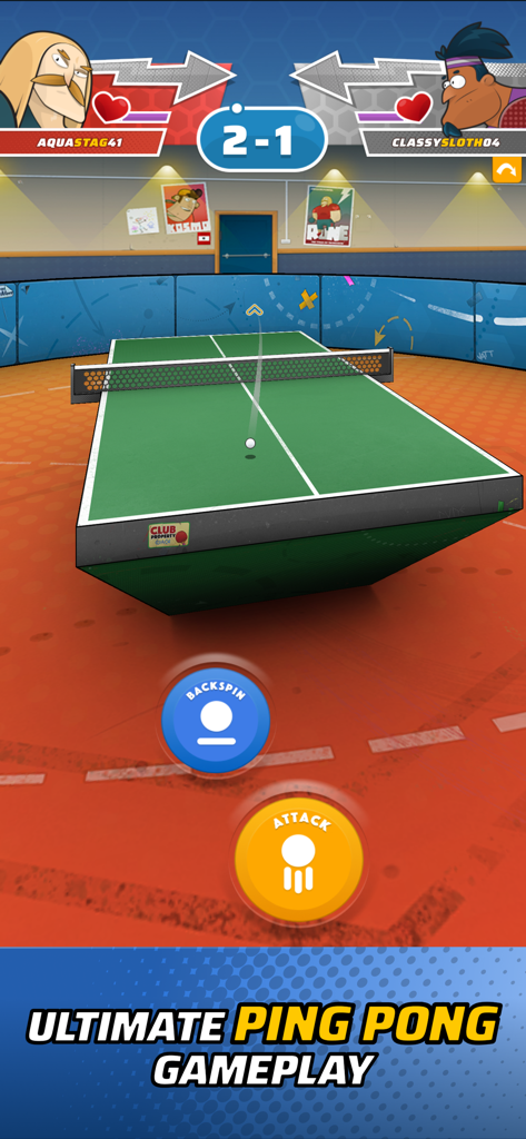 Ping Pong Squad - In-game view of a 3D table tennis match with backspin and attack controls in Ping Pong Squad.