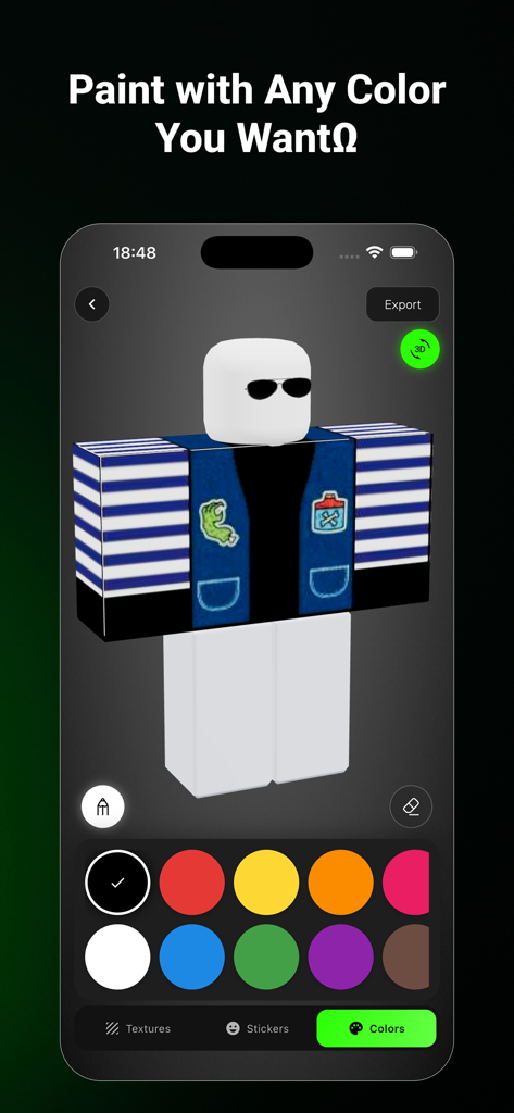 Avatar Clothes Skins Maker - Interface of the skin maker app showing a color palette and a 3D avatar for custom clothing design