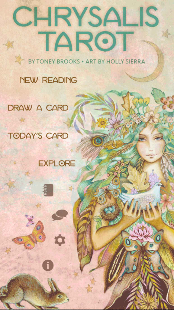 Chrysalis Tarot - Menu principale dell'app Chrysalis Tarot con un'eterea opera d'arte ispirata alla natura di Holly Sierra con opzioni per nuove letture e carte giornaliere.