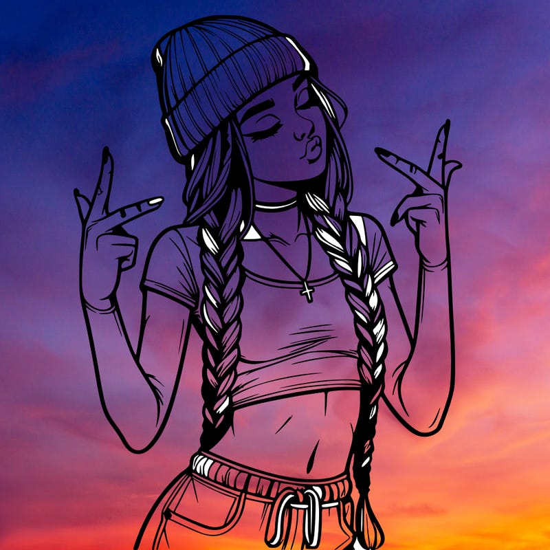 realistic teenage girl with braids and a beanie and crop top doing 🫶🏼