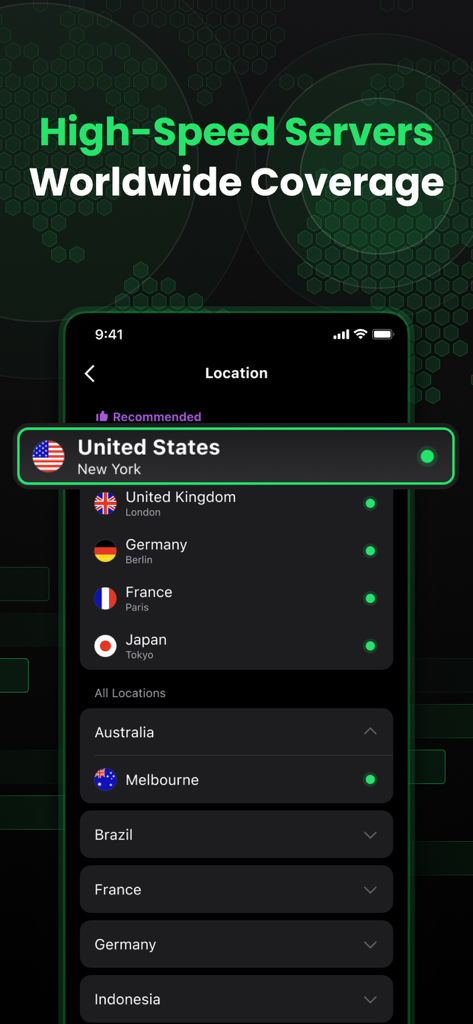 SafeShell VPN: Fast & Secure - SafeShell VPN interface showing a list of high speed global server locations including the United States United Kingdom and Japan