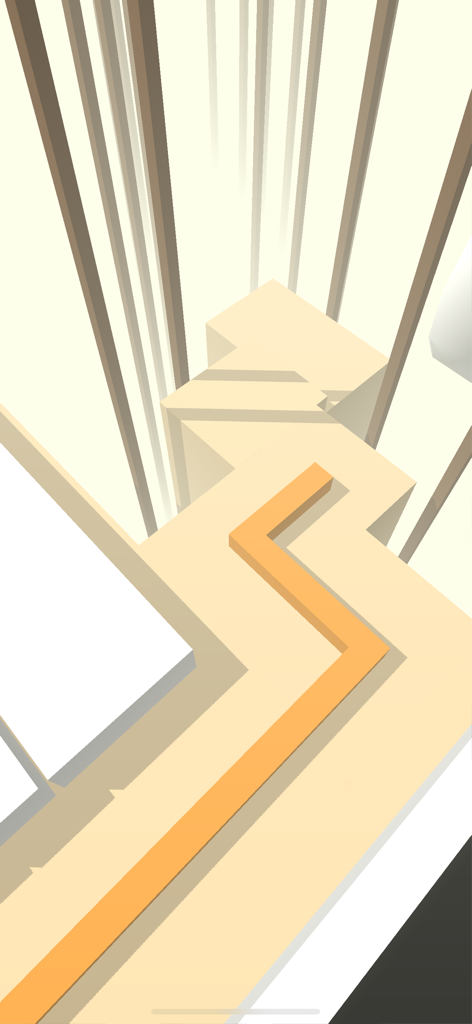 Dancing Line - Music Game - Uma linha laranja navegando em uma curva acentuada em um ambiente geométrico 3D bege dentro do jogo musical Dancing Line.