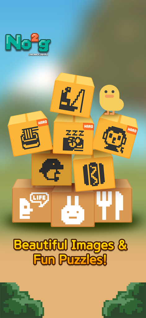 Illustrazioni pixel art su una pila di scatole nell'app puzzle No2g Nonogram