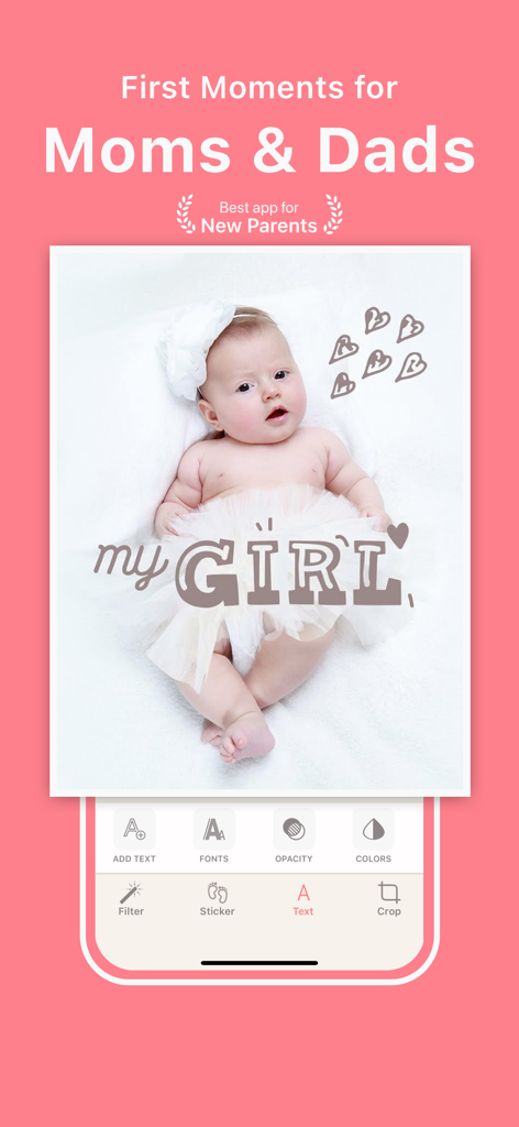 Baby Art: Baby Photo Editor - Interfaz de la aplicación de edición de fotos Baby Art mostrando a una niña bebé con texto y superposiciones de pegatinas bonitas