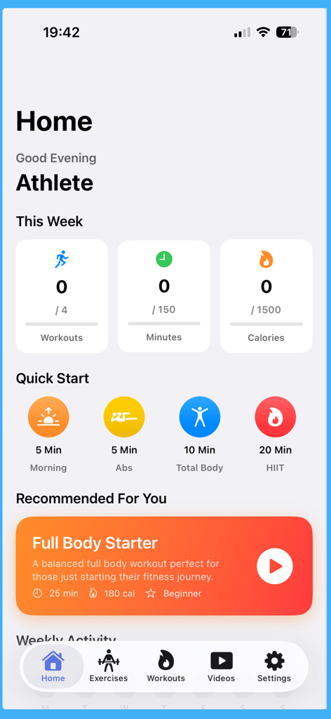 Workouts Rush - Workouts Rush mobile app dashboard showing weekly workout progress and quick start fitness categories