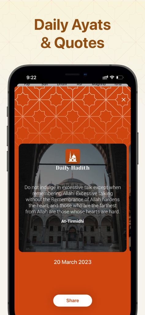 Iftar: Countdown Ramadan Table - Daily Hadith quote card with sharing option in the Iftar Ramadan app