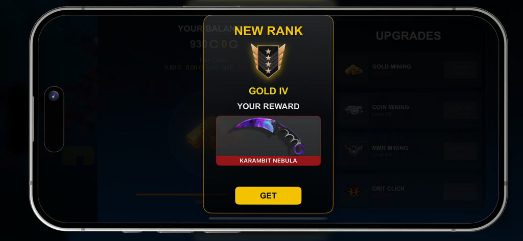 Una pantalla de logro de nuevo rango Oro IV mostrando una recompensa de skin de cuchillo Karambit Nebula en la aplicación Simulador de Cajas para Standoff 2