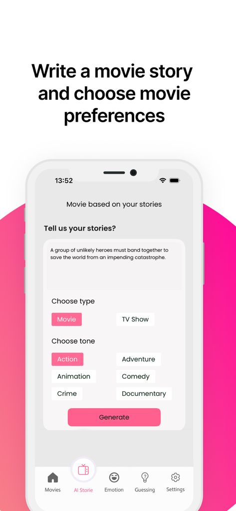 Interface de l'application Moto Auction montrant un champ de texte pour écrire une histoire de film et sélectionner des genres pour des recommandations IA