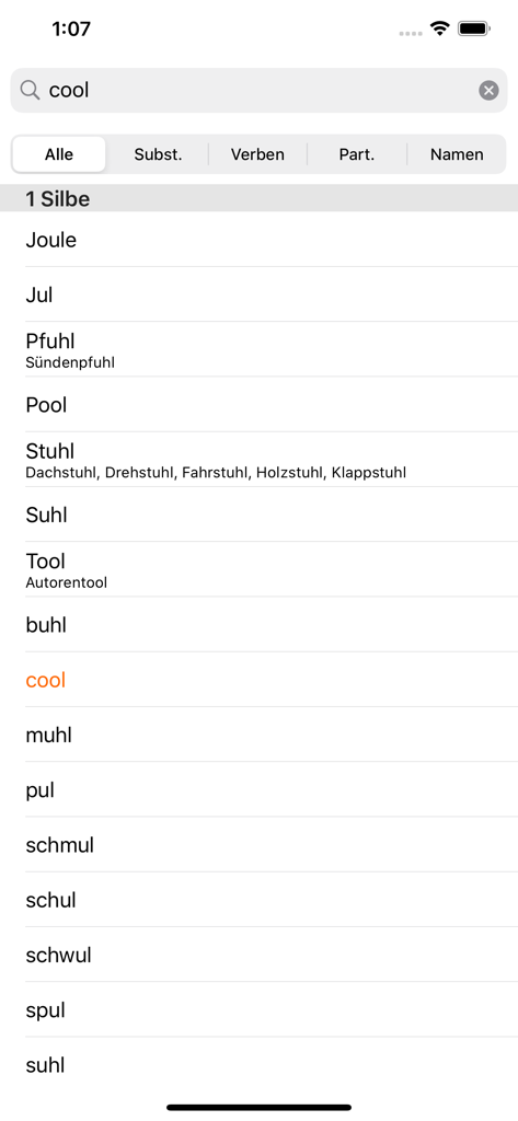 Reimmaschine - Aplicativo de dicionário de rimas em alemão exibindo resultados de pesquisa para a palavra 'cool' filtrada por contagem de sílabas