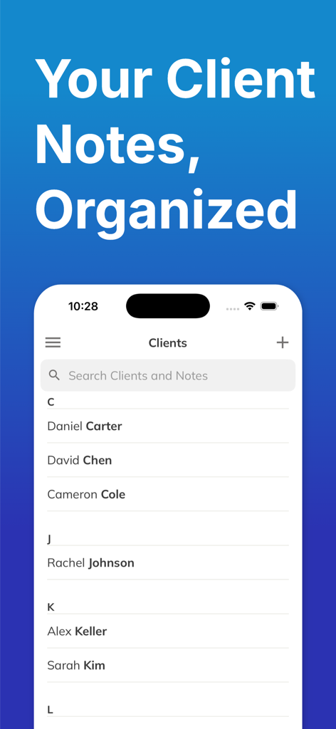 Alphabetical client list screen in the Client Note Tracker app
