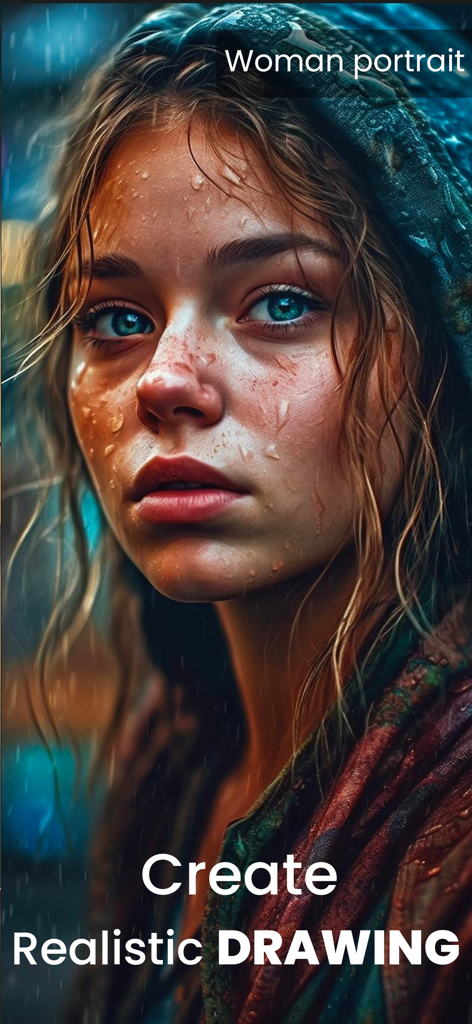 Dream AI: AI Picture generator - 雨の中、濡れた肌の若い女性の非常に詳細なAI生成ポートレート。リアルな描画能力を示しています。