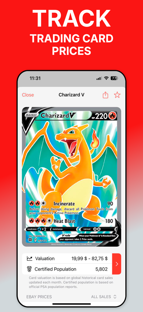 Card Value Scanner－Pokemon TCG - A mobile app screen showing the real-time market valuation and certified population for a Charizard V Pokemon card.