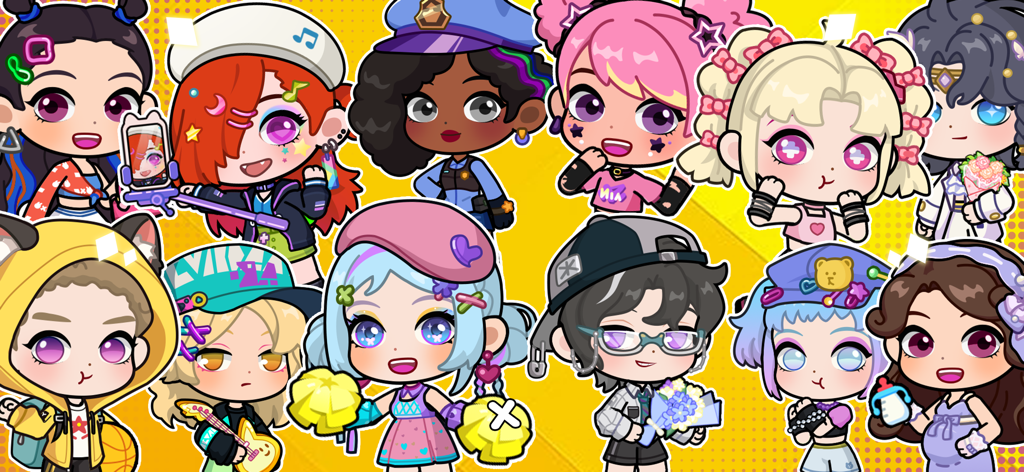 Tut World：Home Town Builder - A group of diverse and colorful cartoon characters in a cute kawaii style from the Tut World app.