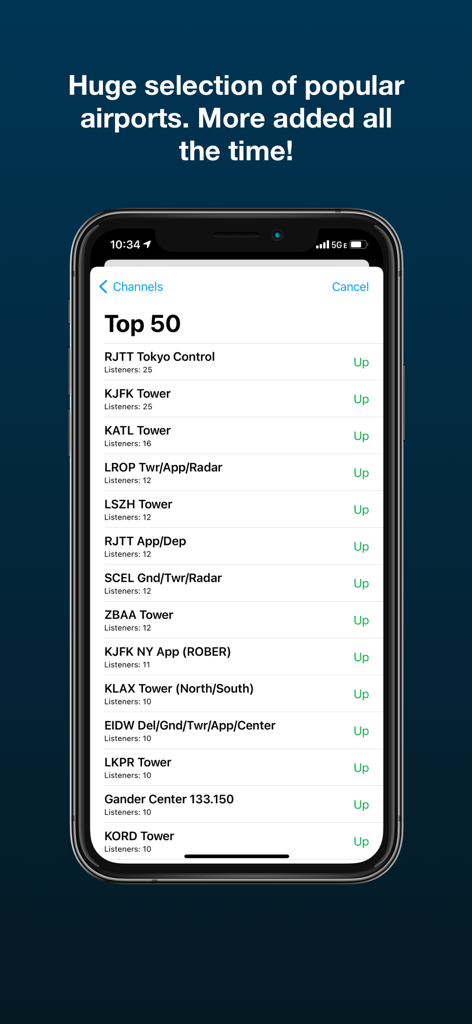 LiveATC Air Radio - A list of the top 50 popular air traffic control radio channels on the LiveATC app featuring international airports.