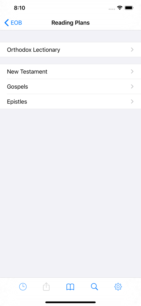 Eastern Orthodox Bible - Reading plans screen in the Eastern Orthodox Bible app showing options for Orthodox Lectionary, New Testament, Gospels, and Epistles