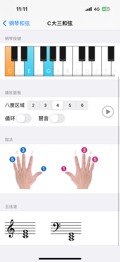 Piano chord learning app interface showing C major keyboard highlights hand fingering and sheet music notation