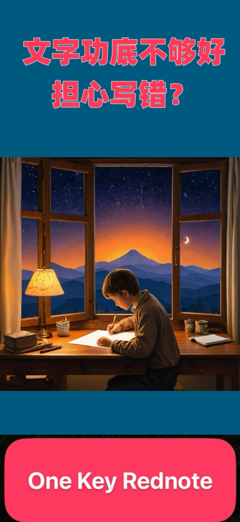 Eine ästhetische Illustration eines Jungen, der nachts unter einem Sternenhimmel am Schreibtisch für die One Key Rednote App schreibt.