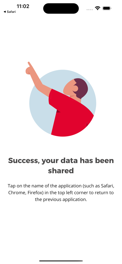 Yivi - Yivi app success message confirming data has been shared with a person pointing upwards.