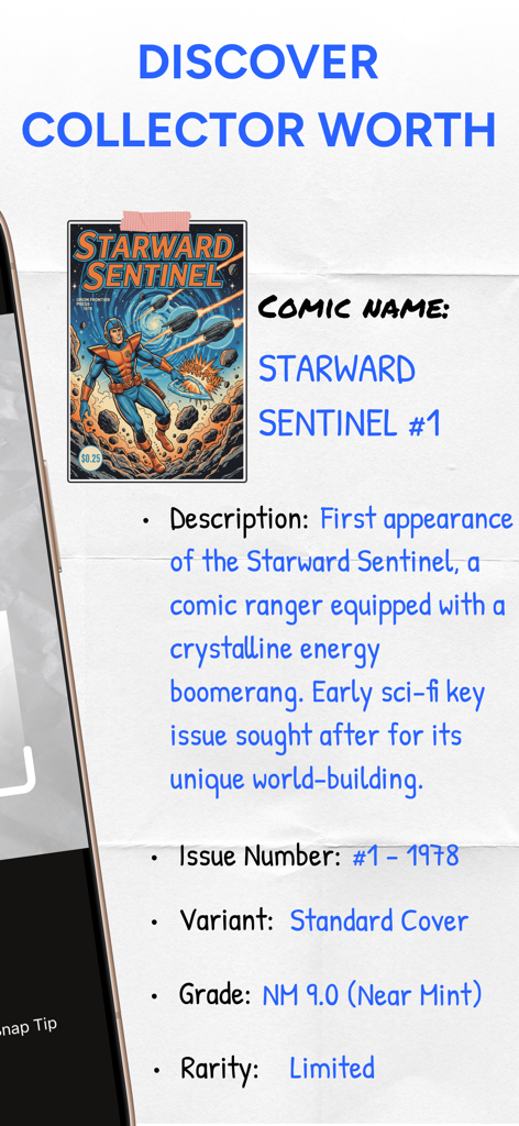 Comic Book Value Identifier app showing collector worth and issue details for Starward Sentinel