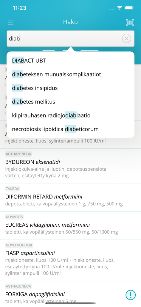 Search screen of Pharmaca Fennica app showing predictive results for medical terms and drug listings