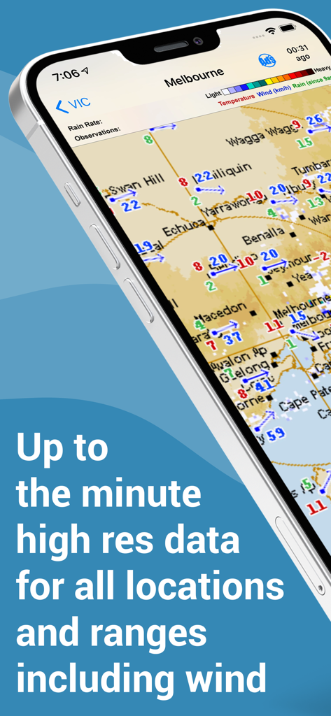 A smartphone screen displaying the Rain Radar Australia app with detailed wind speed and direction data for Melbourne
