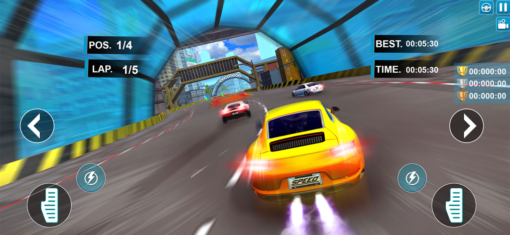 Race Master 3D - Car Game - Um carro esportivo amarelo dirigindo por um túnel de neon no jogo mobile Race Master 3D