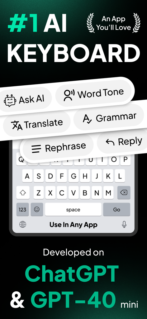 TypeFix: AI Writing Keyboard - Interface du clavier d'écriture IA TypeFix avec des fonctionnalités telles que Traduire et Grammaire alimentées par ChatGPT