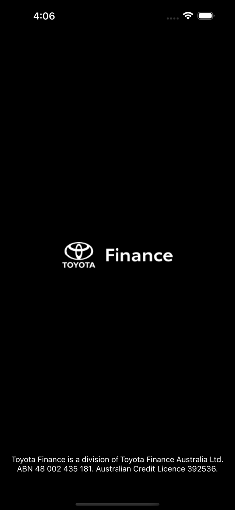 Startbildschirm der Toyota Finance myFinance Portal App mit Logo und rechtlichen Lizenzinformationen.