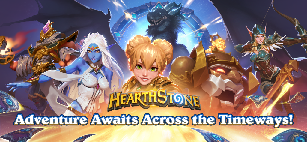 Hearthstone promotional banner featuring iconic Warcraft characters and the slogan Adventure Awaits Across the Timeways.