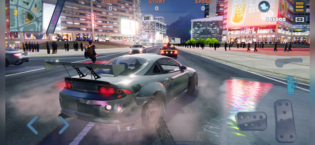 A silver sports car drifting on a wet city street at night with neon lights and a motorcycle wheelie in the background