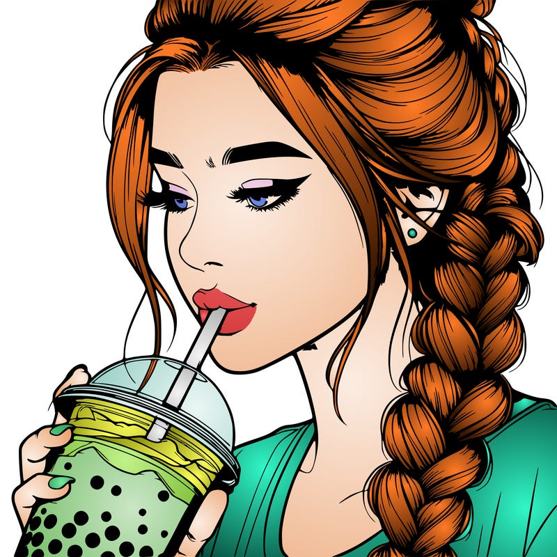 realistic girl drinking boba tea with braided hair